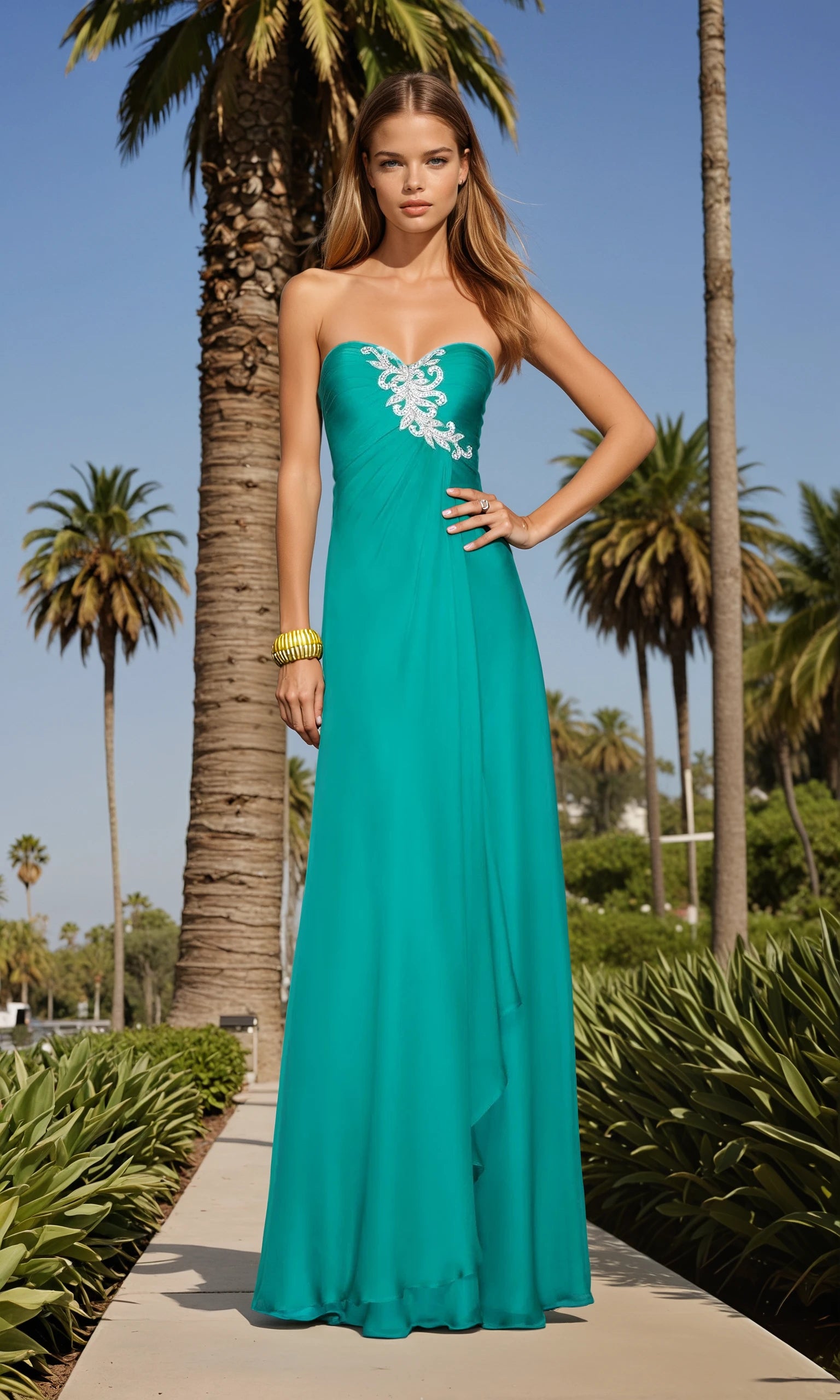 A woman stands outdoors among palm trees on a sunny day wearing the La Femme Dress 20129, a strapless long gown with white embellishments and a sweetheart neckline.
